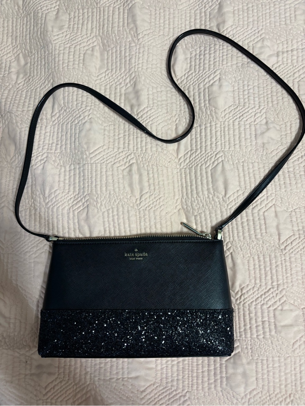 kate spade Black Leather Crossbody with Glitter Trim